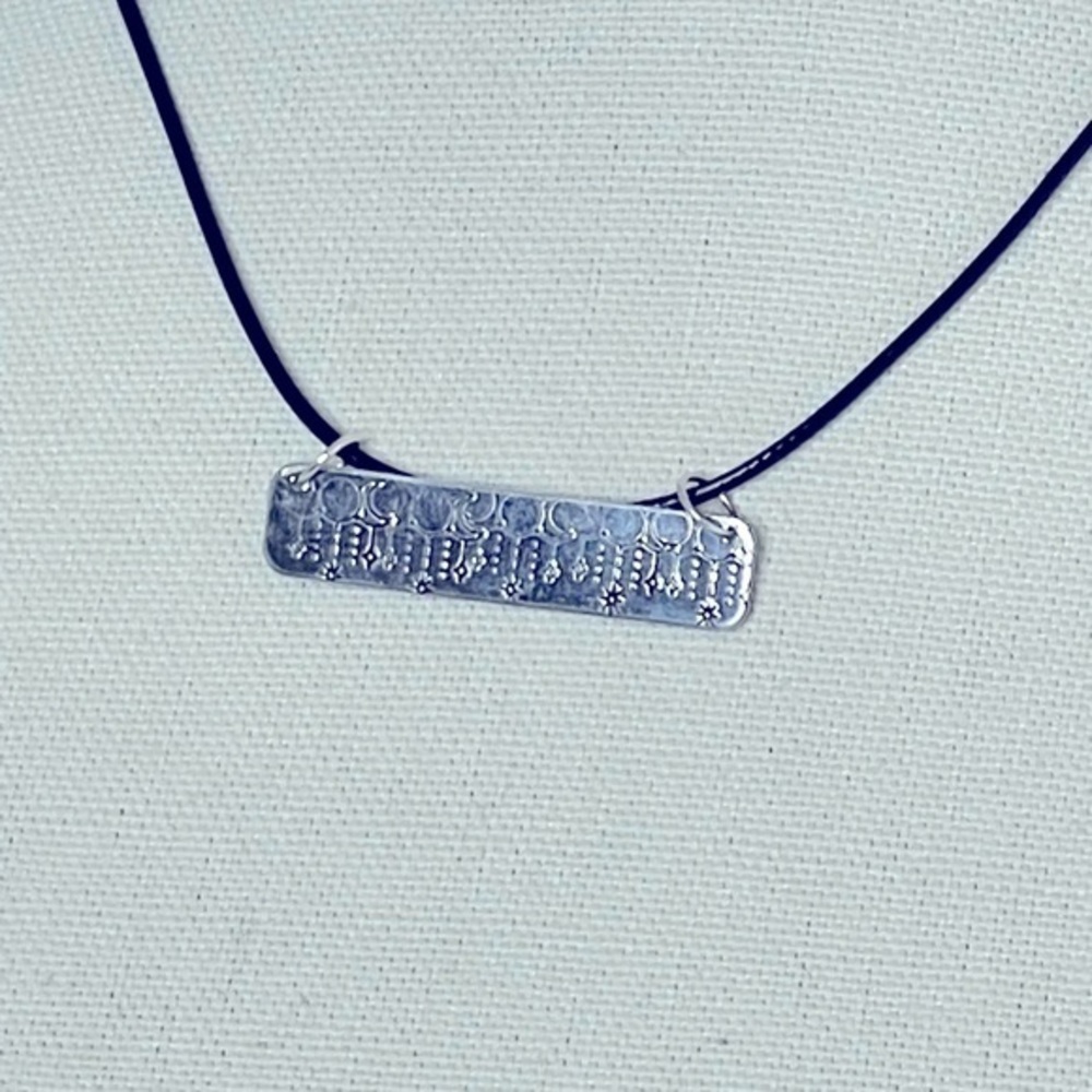 Handmade stamped moon phase silver rectangle pendant black leather cord necklace
